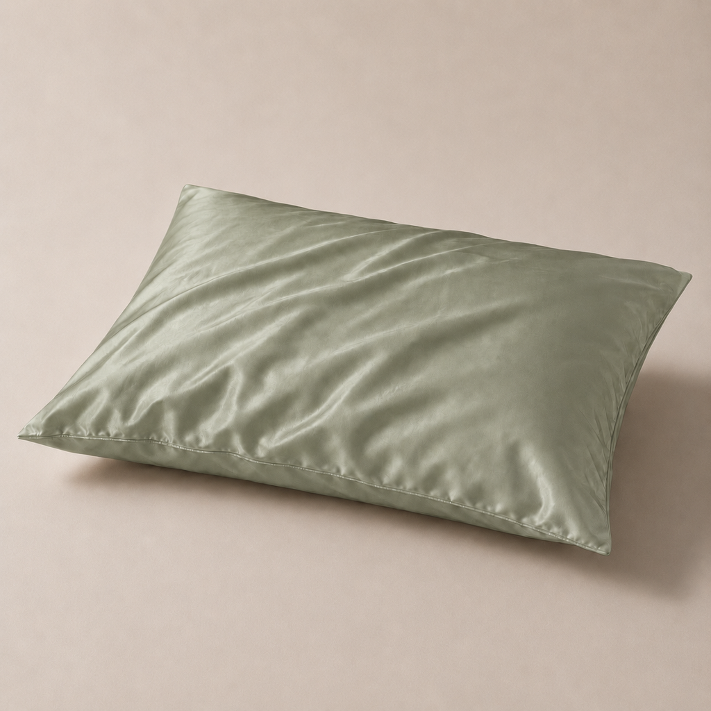 Taie d'oreiller en soie de mûrier vert sauge, posée sur un fond beige